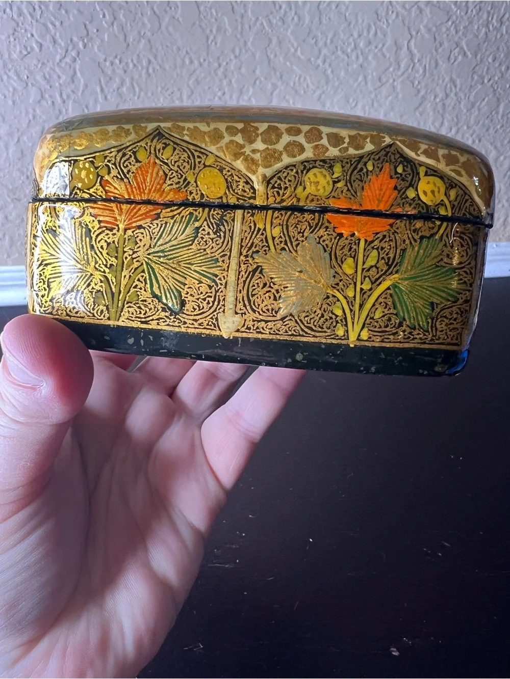 Vintage 1970s Kashmiri Papier Mâché Jewelry Box Domed Lid Gold Floral Trinket